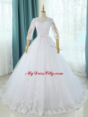 Affordable White Tulle Zipper Wedding Dresses Half Sleeves Court Train Lace and Appliques