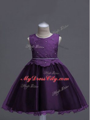 Dark Purple Sleeveless Organza Zipper Girls Pageant Dresses for Wedding Party