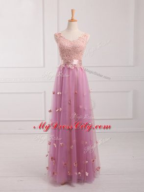 Latest Sleeveless Floor Length Lace and Appliques Lace Up Dama Dress for Quinceanera with Lilac