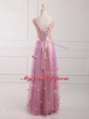 Latest Sleeveless Floor Length Lace and Appliques Lace Up Dama Dress for Quinceanera with Lilac