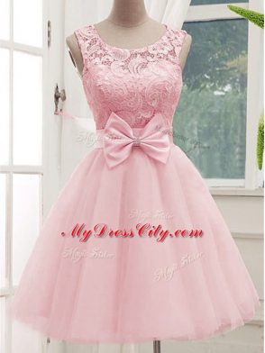 Sleeveless Tulle Knee Length Lace Up Bridesmaids Dress in Baby Pink with Lace and Bowknot