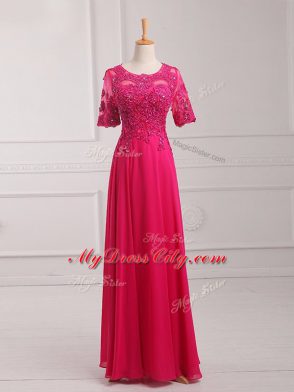 Most Popular Floor Length Hot Pink Mother Dresses Chiffon Half Sleeves Lace and Appliques