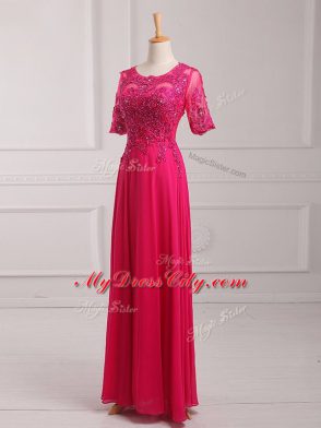 Most Popular Floor Length Hot Pink Mother Dresses Chiffon Half Sleeves Lace and Appliques