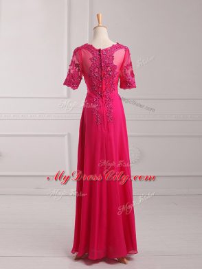 Most Popular Floor Length Hot Pink Mother Dresses Chiffon Half Sleeves Lace and Appliques
