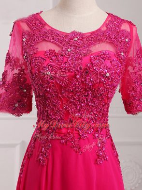 Most Popular Floor Length Hot Pink Mother Dresses Chiffon Half Sleeves Lace and Appliques