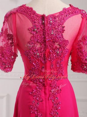 Most Popular Floor Length Hot Pink Mother Dresses Chiffon Half Sleeves Lace and Appliques