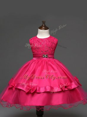 Simple Hot Pink Ball Gowns Tulle Scoop Sleeveless Lace and Bowknot Knee Length Zipper Kids Pageant Dress