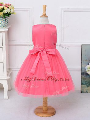 Simple Hot Pink Ball Gowns Tulle Scoop Sleeveless Lace and Bowknot Knee Length Zipper Kids Pageant Dress