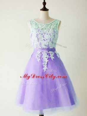 Wonderful Knee Length Lavender Dama Dress for Quinceanera Tulle Sleeveless Lace