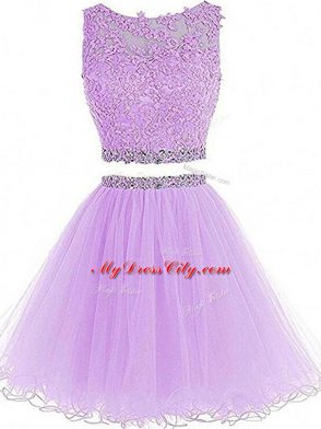 Glittering Beading and Lace and Appliques Prom Homecoming Dress Lavender Zipper Sleeveless Mini Length