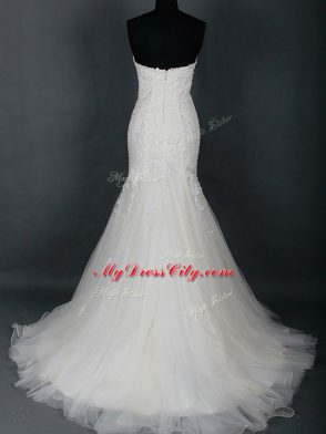 Dazzling White Tulle Zipper Wedding Gowns Sleeveless Brush Train Lace