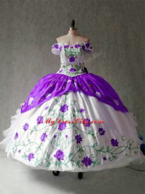 Fashion Floor Length Lace Up Quinceanera Gowns White And Purple for Military Ball and Sweet 16 and Quinceanera with Embroidery and Ruffles