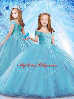 Great Baby Blue Ball Gowns Off The Shoulder Cap Sleeves Organza Brush Train Lace Up Beading Little Girl Pageant Gowns