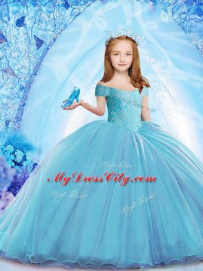 Great Baby Blue Ball Gowns Off The Shoulder Cap Sleeves Organza Brush Train Lace Up Beading Little Girl Pageant Gowns