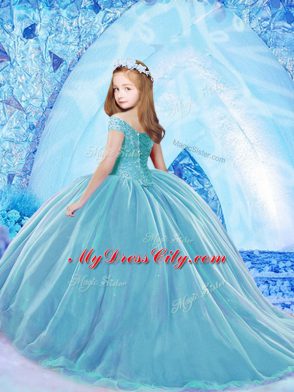 Great Baby Blue Ball Gowns Off The Shoulder Cap Sleeves Organza Brush Train Lace Up Beading Little Girl Pageant Gowns