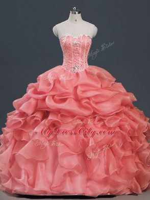 Free and Easy Watermelon Red Organza Lace Up Quinceanera Dresses Sleeveless Floor Length Beading and Ruffles and Pick Ups
