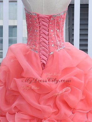 Free and Easy Watermelon Red Organza Lace Up Quinceanera Dresses Sleeveless Floor Length Beading and Ruffles and Pick Ups