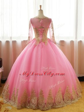 Deluxe Pink Scoop Neckline Appliques Sweet 16 Dress Long Sleeves Lace Up