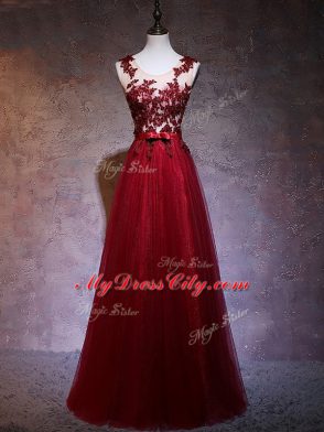 Elastic Woven Satin Straps Sleeveless Backless Appliques Prom Dresses in Wine Red