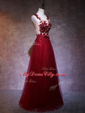Elastic Woven Satin Straps Sleeveless Backless Appliques Prom Dresses in Wine Red