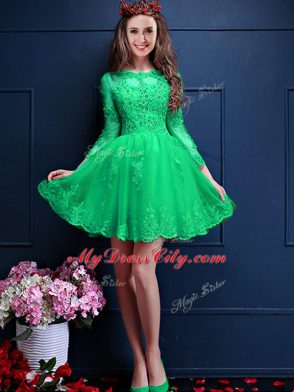 Hot Sale Scalloped 3 4 Length Sleeve Damas Dress Mini Length Beading and Lace and Appliques Apple Green Chiffon