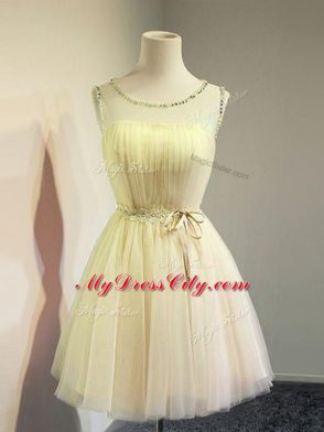 Amazing Knee Length Gold Bridesmaid Dress Tulle Sleeveless Belt