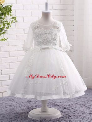 Popular White Short Sleeves Lace and Appliques Tea Length Party Dress for Girls