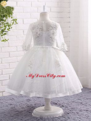 Popular White Short Sleeves Lace and Appliques Tea Length Party Dress for Girls