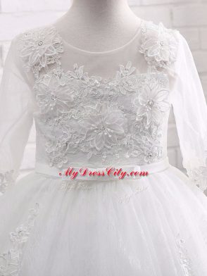 Popular White Short Sleeves Lace and Appliques Tea Length Party Dress for Girls