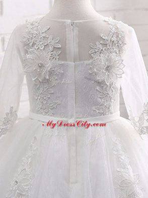 Popular White Short Sleeves Lace and Appliques Tea Length Party Dress for Girls