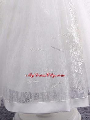 Popular White Short Sleeves Lace and Appliques Tea Length Party Dress for Girls
