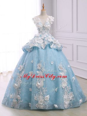 Fantastic Scoop Sleeveless Court Train Lace Up Quinceanera Gown Light Blue Organza