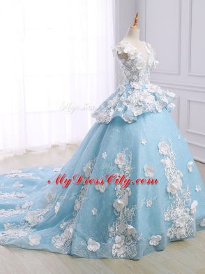 Fantastic Scoop Sleeveless Court Train Lace Up Quinceanera Gown Light Blue Organza