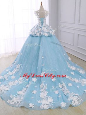 Fantastic Scoop Sleeveless Court Train Lace Up Quinceanera Gown Light Blue Organza