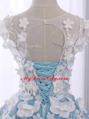 Fantastic Scoop Sleeveless Court Train Lace Up Quinceanera Gown Light Blue Organza