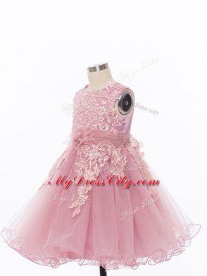 Pink Tulle Zipper Scoop Sleeveless Knee Length Flower Girl Dresses for Less Appliques and Hand Made Flower