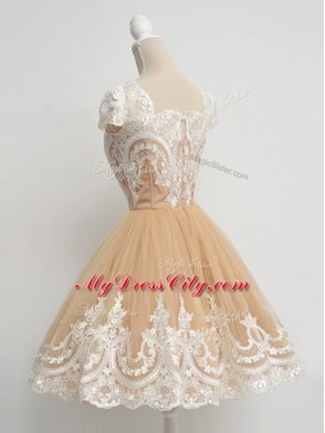 Sexy Champagne Zipper Wedding Party Dress Lace Cap Sleeves Knee Length