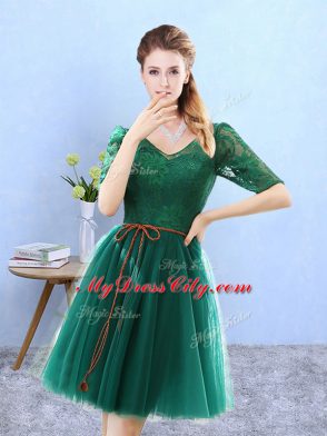 Green A-line V-neck Half Sleeves Tulle Knee Length Backless Lace Quinceanera Dama Dress
