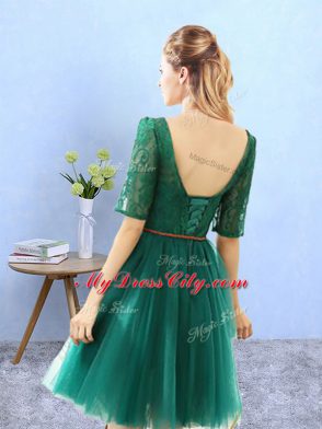 Green A-line V-neck Half Sleeves Tulle Knee Length Backless Lace Quinceanera Dama Dress