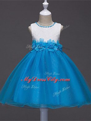 Delicate Baby Blue Sleeveless Knee Length Lace and Hand Made Flower Zipper Flower Girl Dress