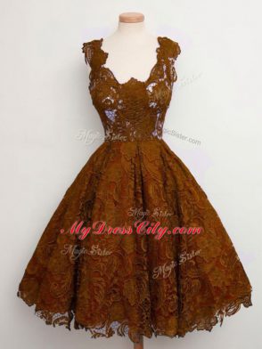 High End Sleeveless Knee Length Lace Lace Up Wedding Party Dress with Brown