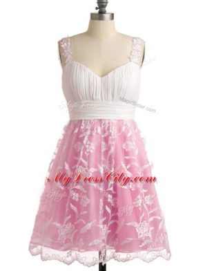 Spectacular Straps Sleeveless Lace Up Bridesmaids Dress Rose Pink Lace