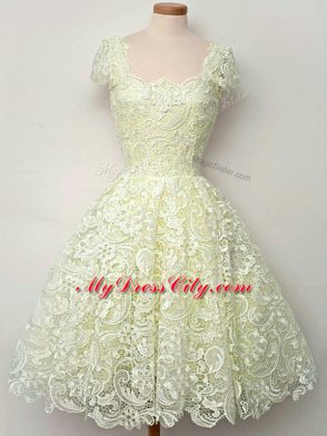 Perfect Yellow Lace Lace Up Bridesmaid Dresses Cap Sleeves Knee Length Lace