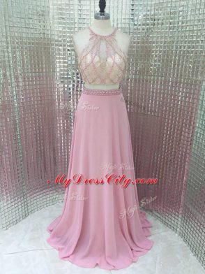 Pink Evening Wear Prom and Party and Military Ball with Beading Sleeveless Brush Train Zipper
