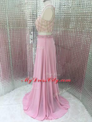 Pink Evening Wear Prom and Party and Military Ball with Beading Sleeveless Brush Train Zipper