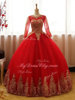 Suitable Organza Scoop Long Sleeves Lace Up Appliques Quinceanera Gowns in Red