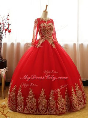 Suitable Organza Scoop Long Sleeves Lace Up Appliques Quinceanera Gowns in Red