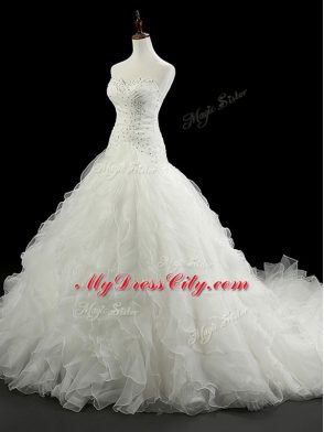 Captivating Sleeveless Court Train Lace Up Beading and Ruffles Bridal Gown