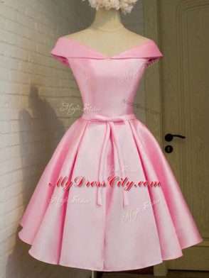Nice Cap Sleeves Taffeta Knee Length Lace Up Wedding Guest Dresses in Pink with Belt