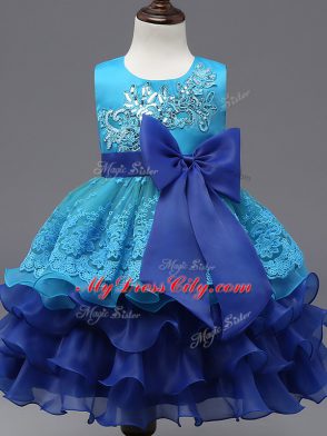 Organza Sleeveless Tea Length Kids Formal Wear and Lace and Ruffled Layers and Bowknot